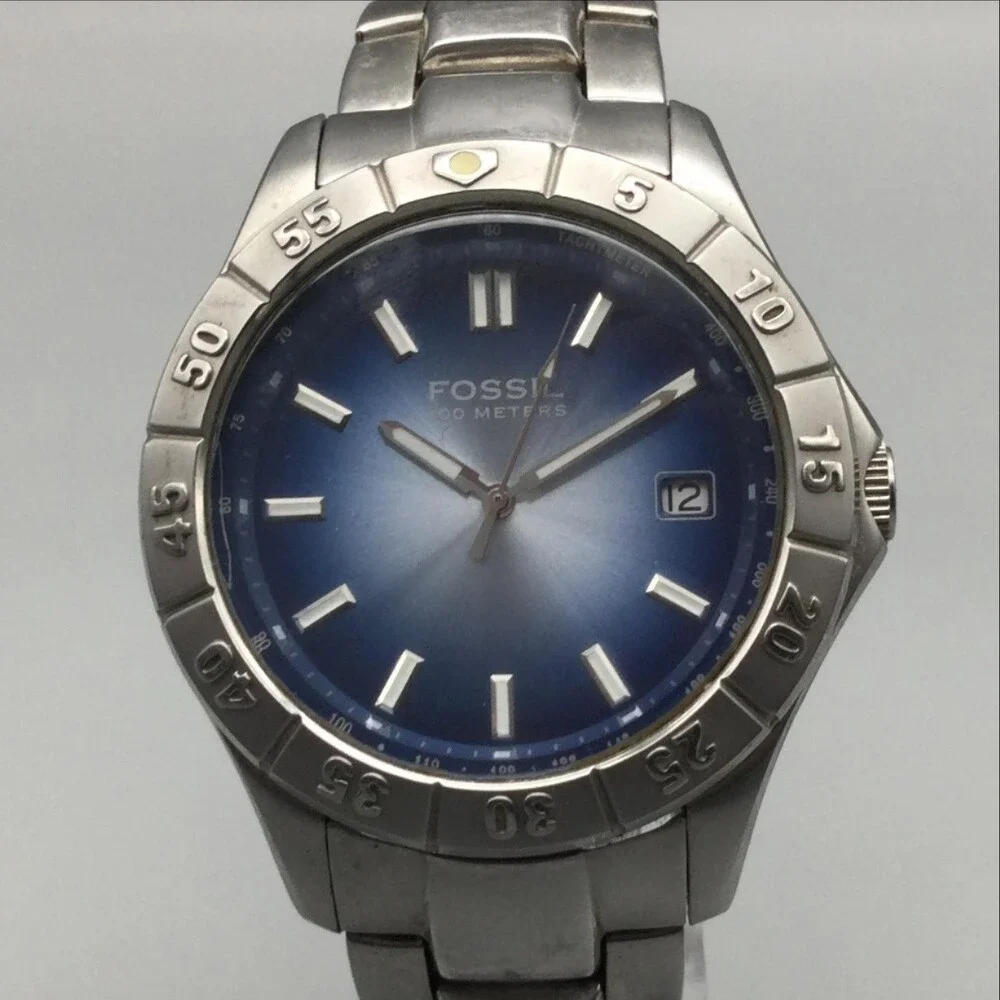 Fossil AM-3689 Mens Watch 40mm Blue Dial Date Stainless New Battery 7.5